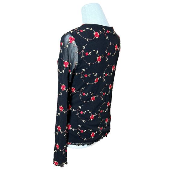 Vintage 90s Y2K Shirt Women Medium Black Mesh Lettuce Hem Sheer Floral Red Rose - Picture 6 of 11